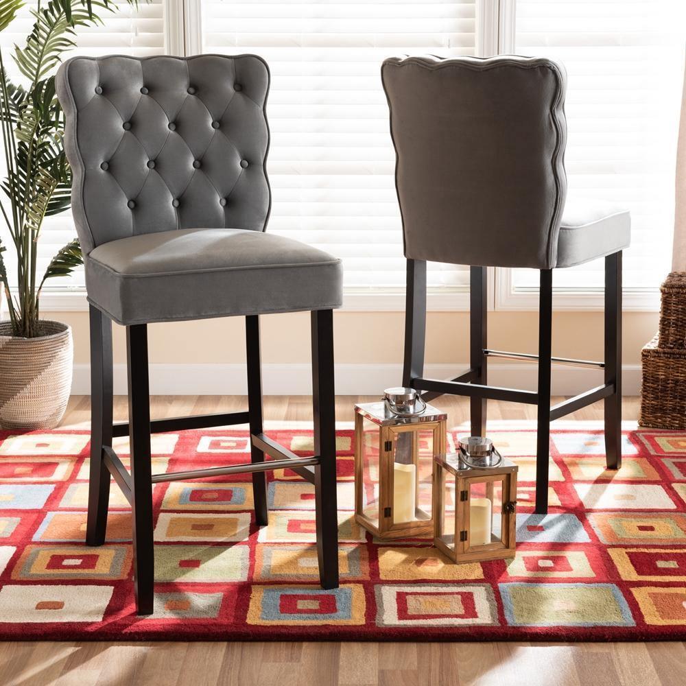 Daphne Modern and Contemporary Dark Grey Velvet Fabric Upholstered and Dark Brown Finished Wood 2-Piece Bar Stool Set FredCo