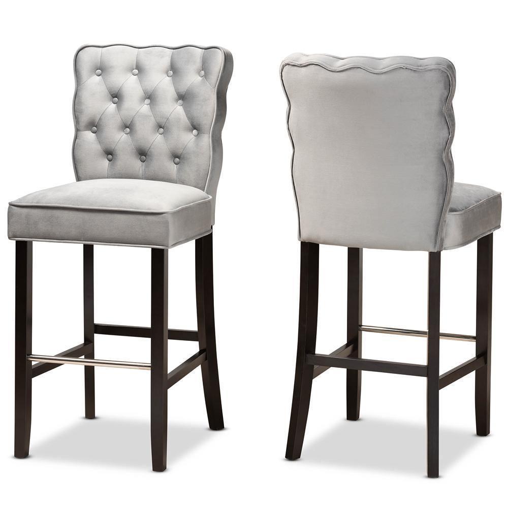 Daphne Modern and Contemporary Dark Grey Velvet Fabric Upholstered and Dark Brown Finished Wood 2-Piece Bar Stool Set FredCo