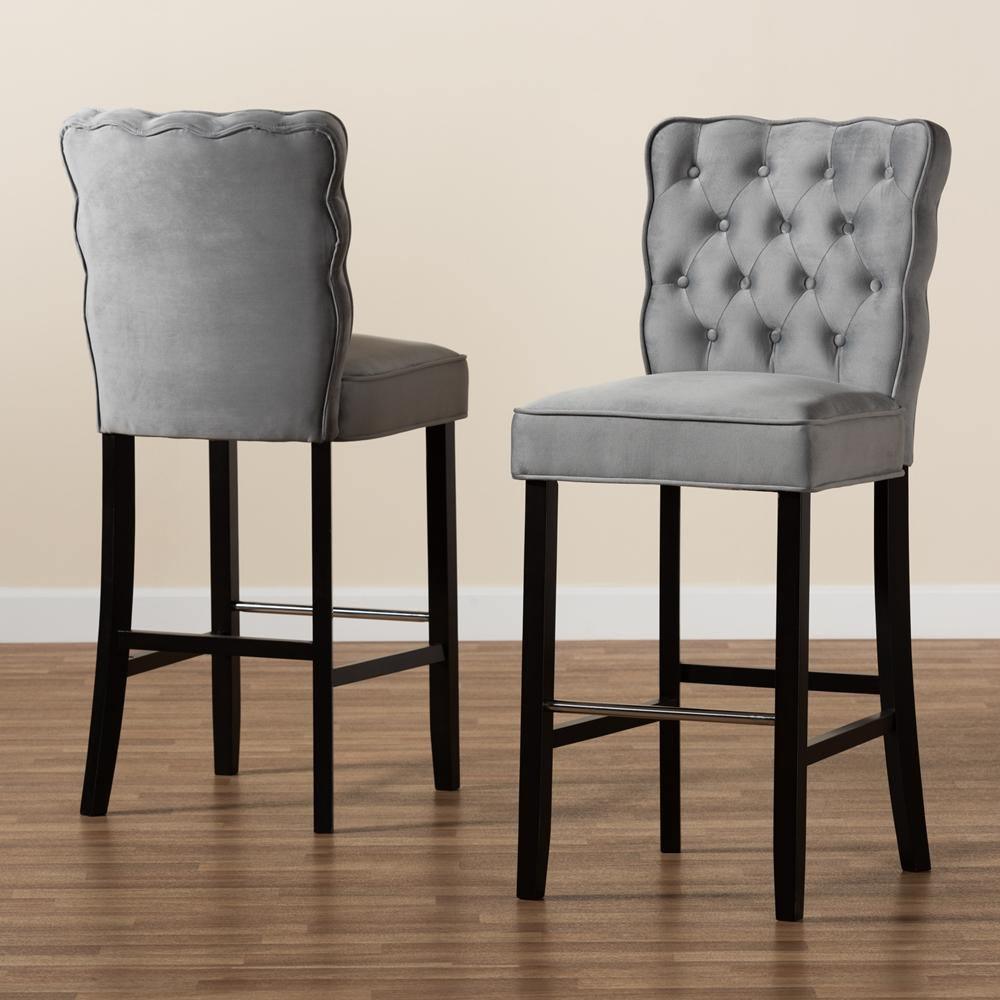 Daphne Modern and Contemporary Dark Grey Velvet Fabric Upholstered and Dark Brown Finished Wood 2-Piece Bar Stool Set FredCo