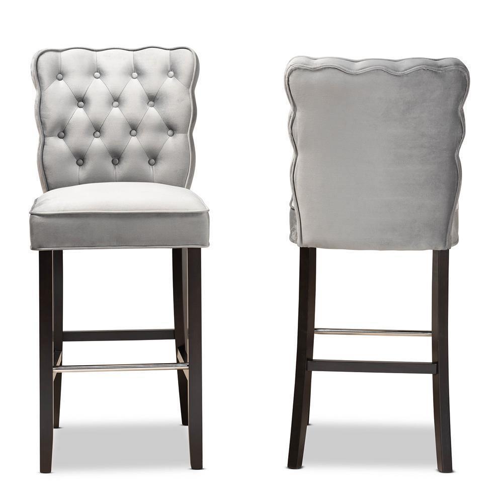 Daphne Modern and Contemporary Dark Grey Velvet Fabric Upholstered and Dark Brown Finished Wood 2-Piece Bar Stool Set FredCo