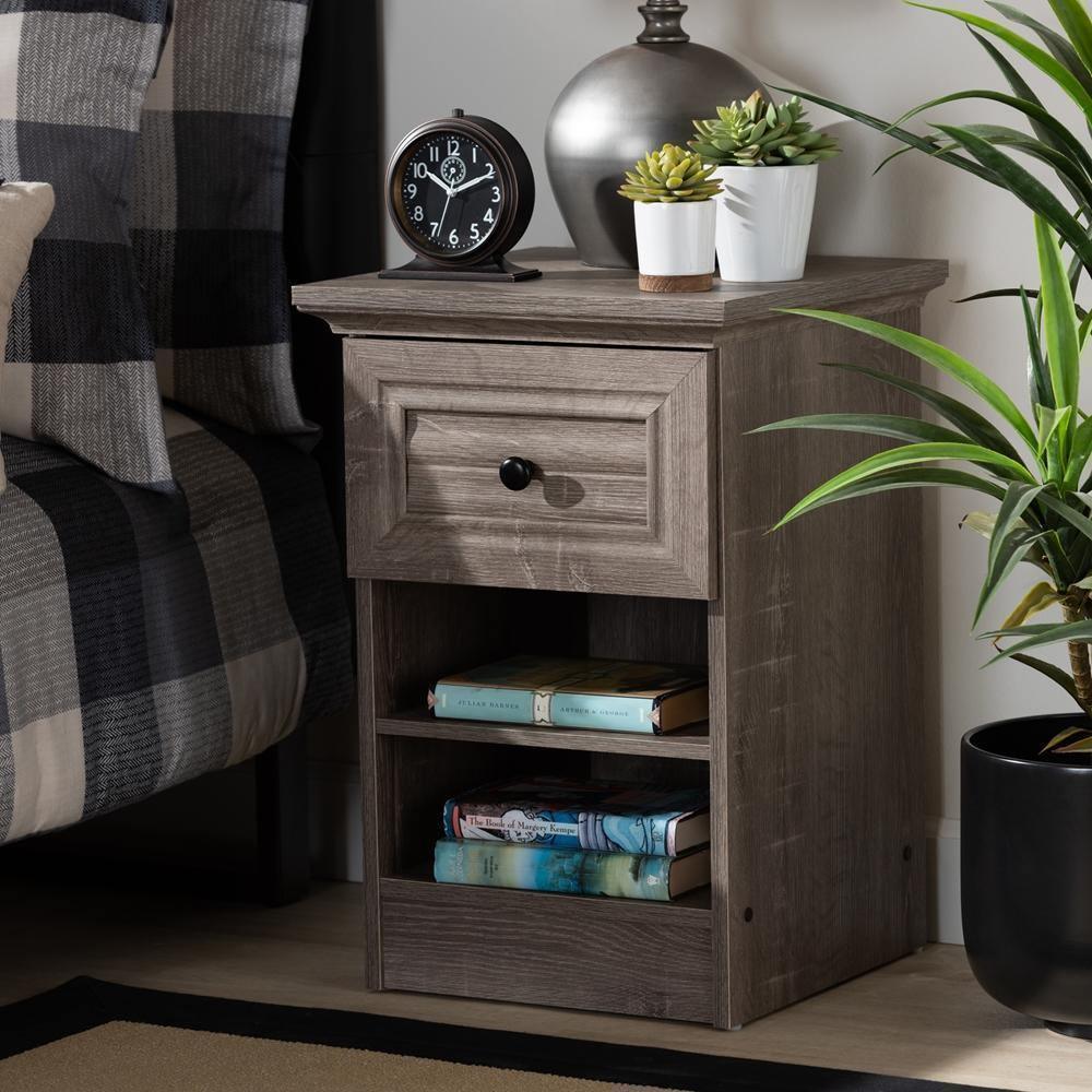 Dara Traditional Transitional Grey Brown Oak Finished 1-Drawer Wood Nightstand FredCo