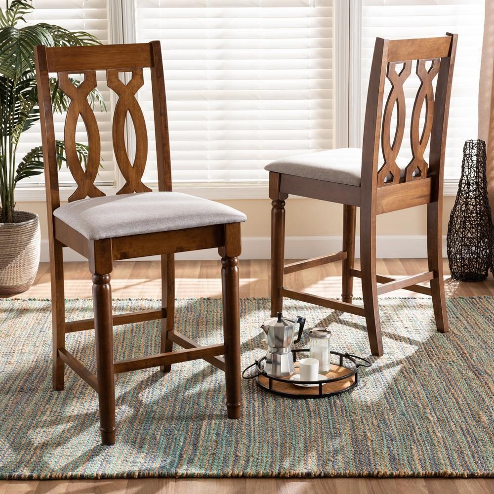 Darcie Modern and Contemporary Grey Fabric Upholstered and Walnut Brown Finished Wood 2-Piece Counter Stool Set FredCo