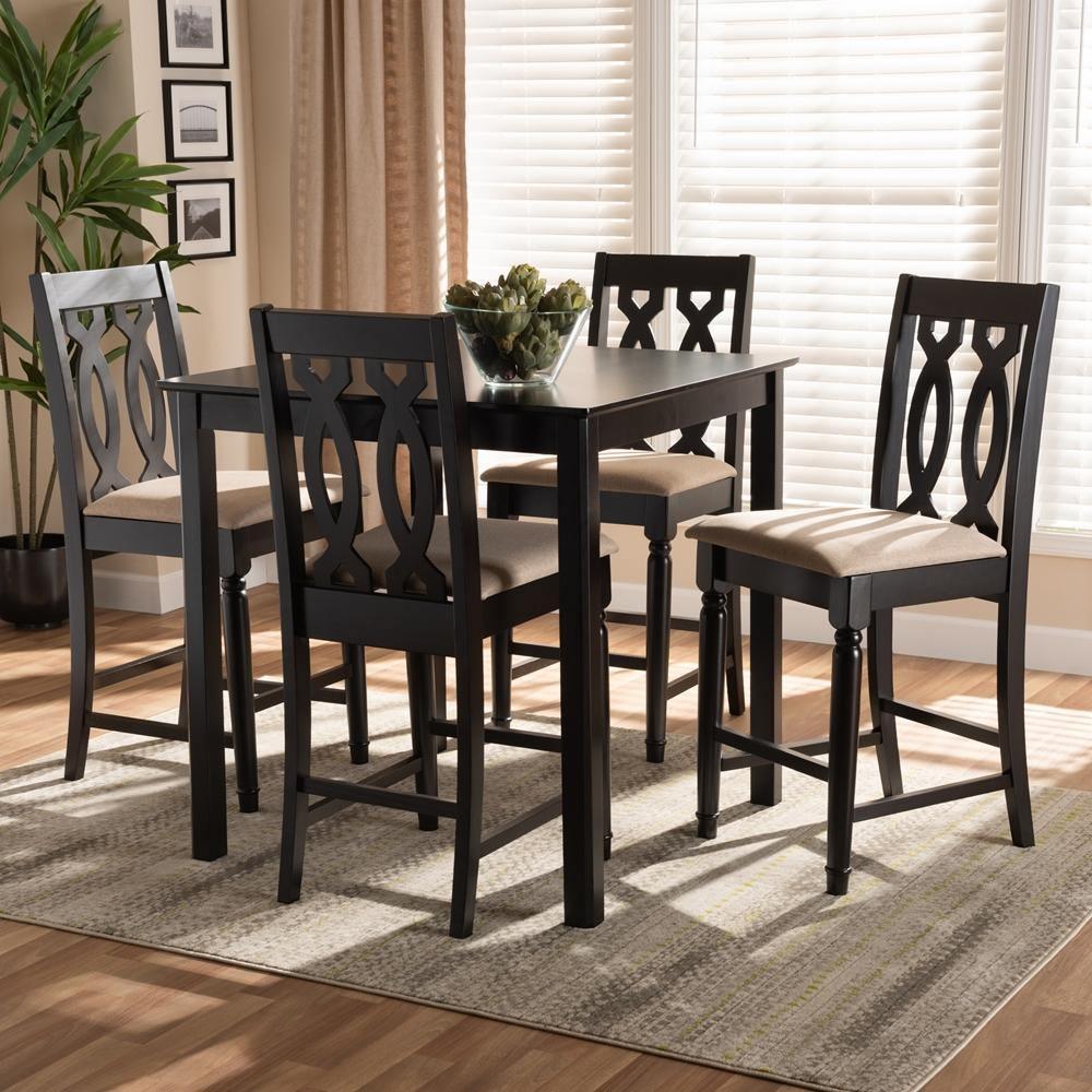 Darcie Modern and Contemporary Sand Fabric Upholstered Espresso Brown Finished 5-Piece Wood Pub Set FredCo