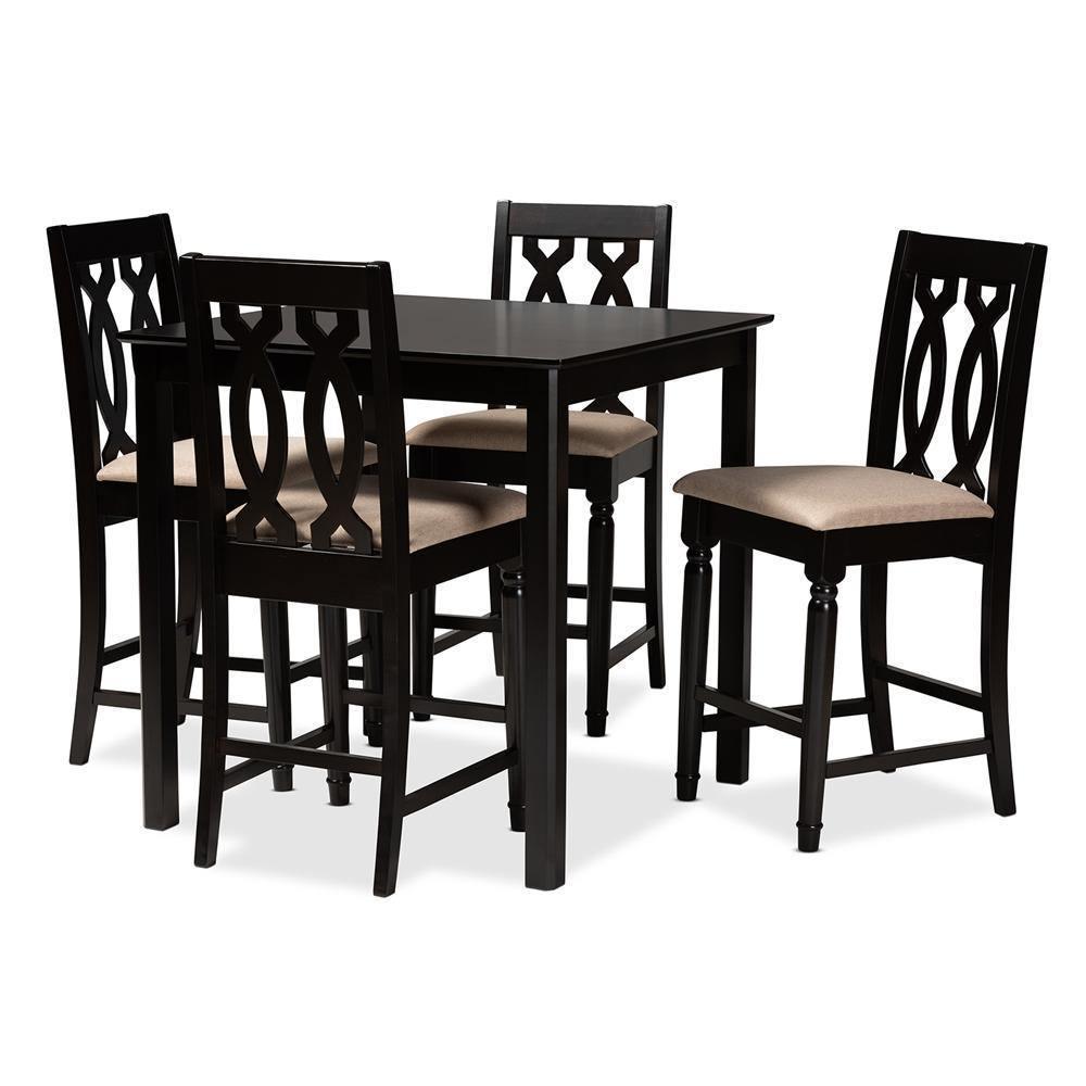 Darcie Modern and Contemporary Sand Fabric Upholstered Espresso Brown Finished 5-Piece Wood Pub Set FredCo