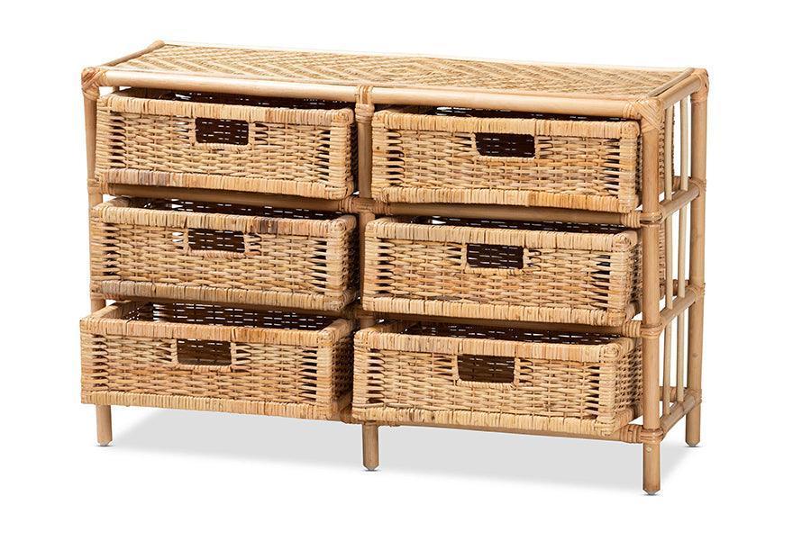 Dariana Modern Bohemian Natural Brown Rattan 6-Drawer Storage Cabinet FredCo