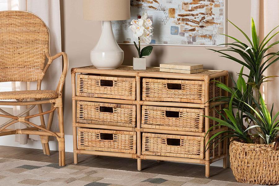 Dariana Modern Bohemian Natural Brown Rattan 6-Drawer Storage Cabinet FredCo