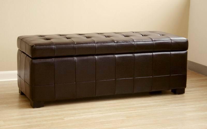 Dark Brown Full Leather Storage Bench Ottoman with Dimples FredCo