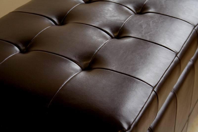 Dark Brown Full Leather Storage Bench Ottoman with Dimples FredCo