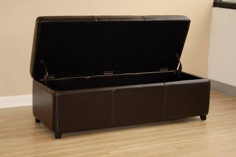 Dark Brown Full Leather Storage Bench Ottoman with Stitching FredCo