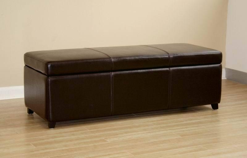 Dark Brown Full Leather Storage Bench Ottoman with Stitching FredCo