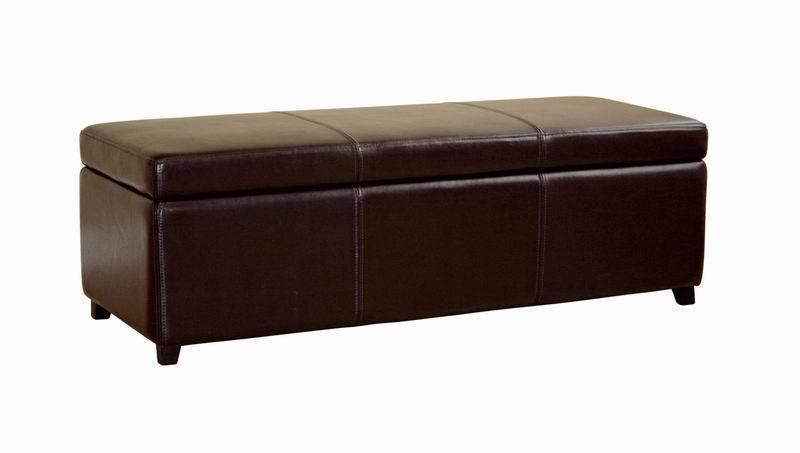 Dark Brown Full Leather Storage Bench Ottoman with Stitching FredCo