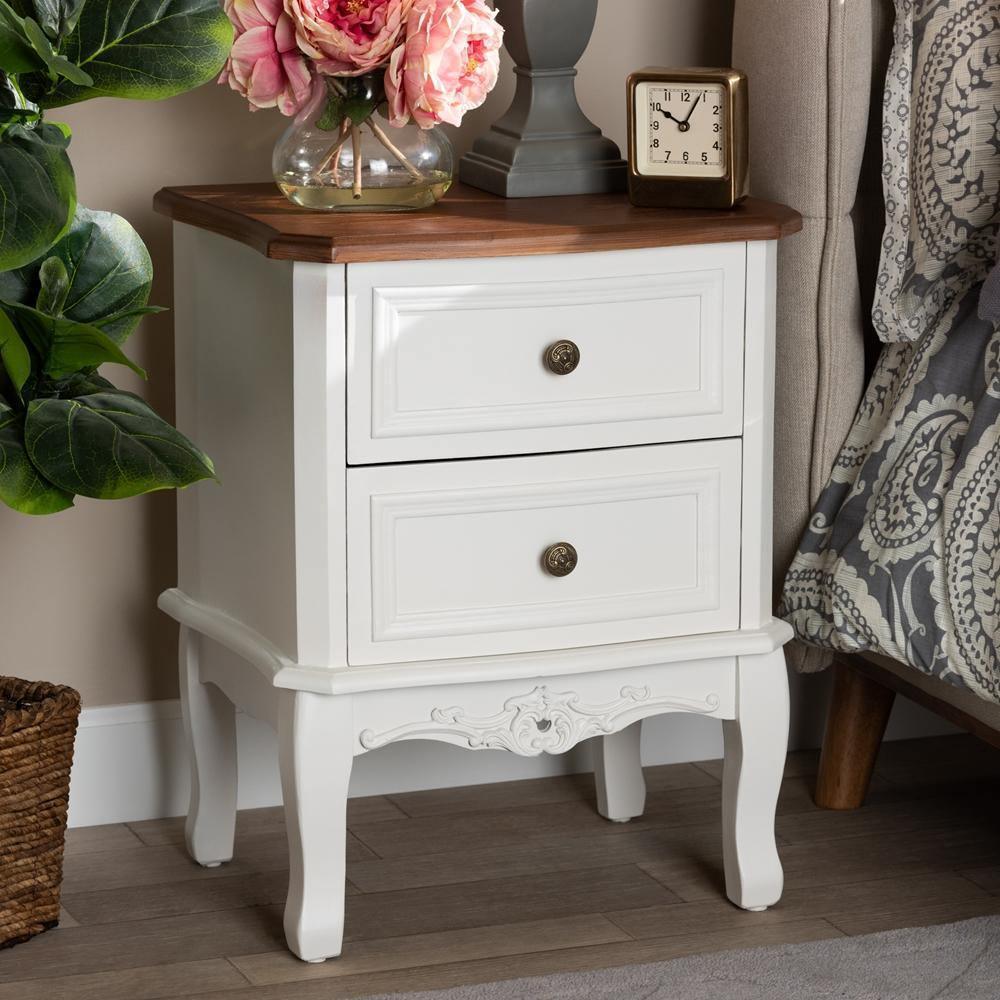 Darlene Classic and Traditional French White and Cherry Brown Finished Wood 2-Drawer Nightstand FredCo
