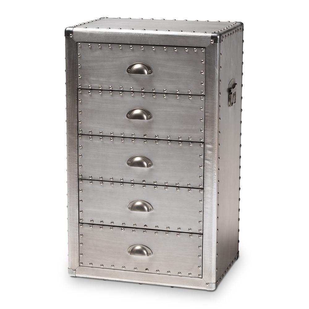 Davet French Industrial Silver Metal 5-Drawer Accent Storage Cabinet FredCo