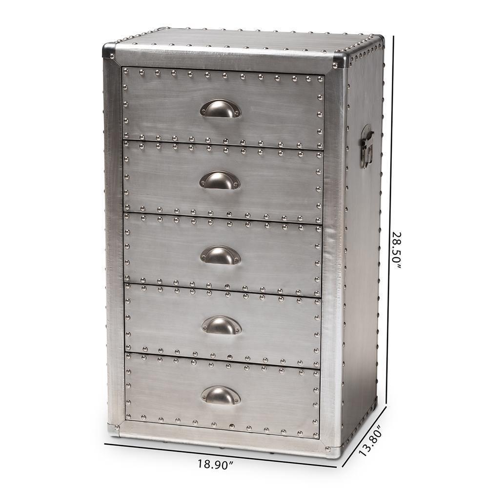 Davet French Industrial Silver Metal 5-Drawer Accent Storage Cabinet FredCo