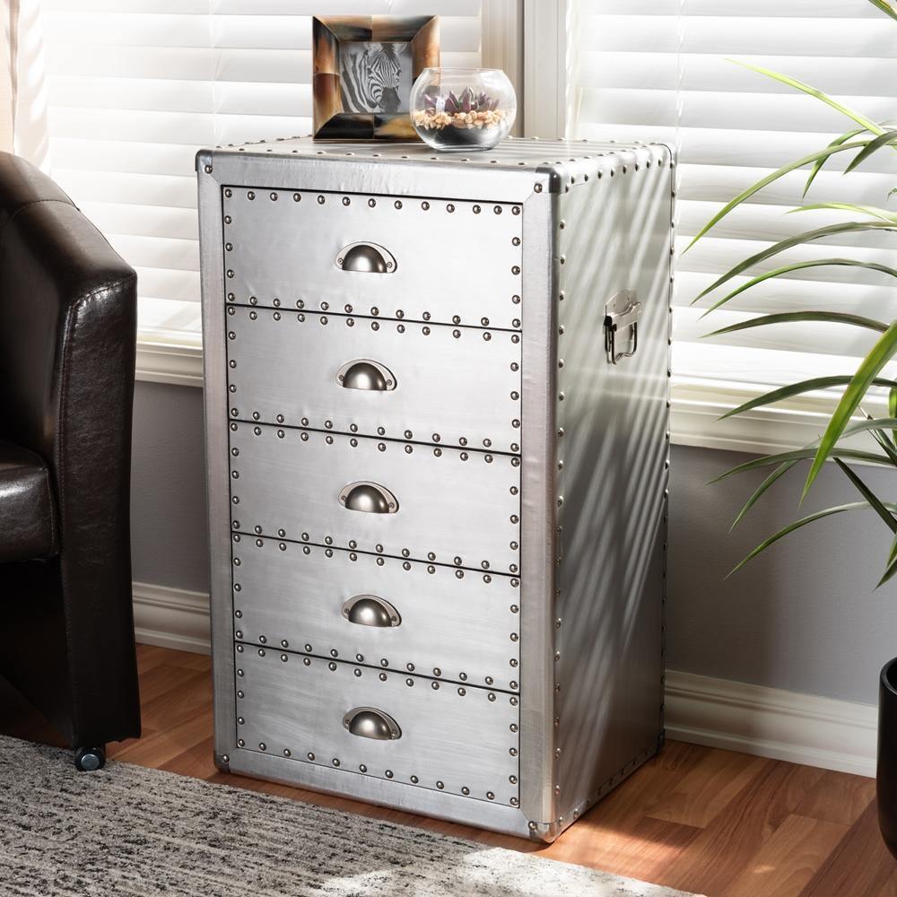 Davet French Industrial Silver Metal 5-Drawer Accent Storage Cabinet FredCo