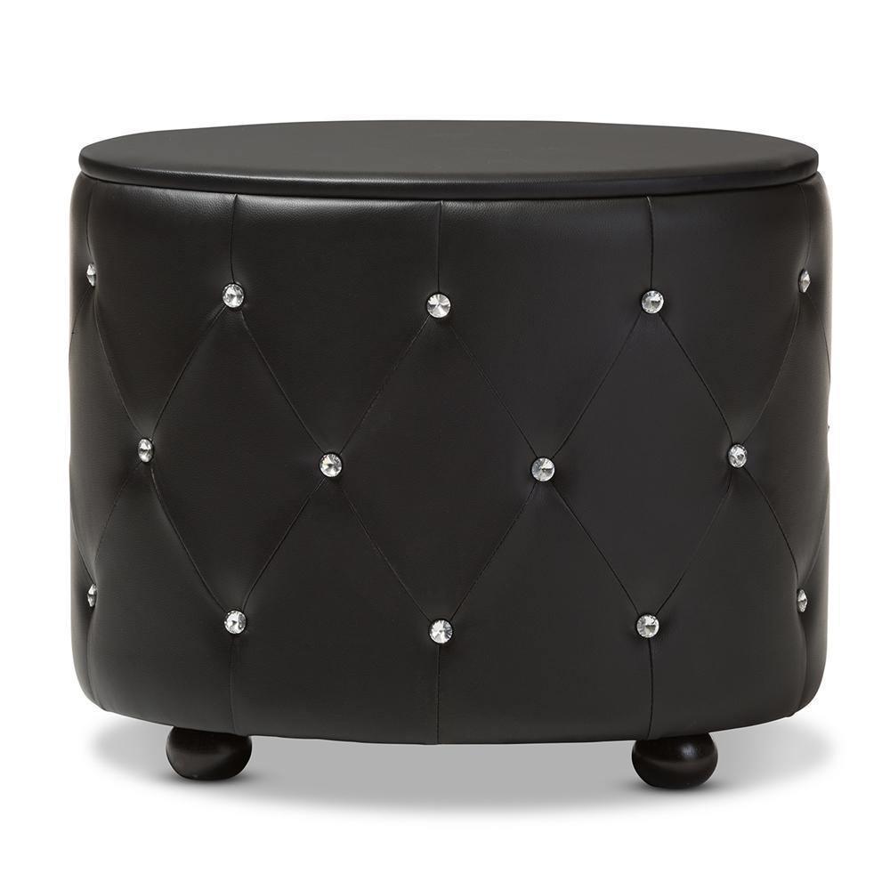 Davina Hollywood Glamour Style Oval 2-drawer Black Faux Leather Upholstered Nightstand FredCo