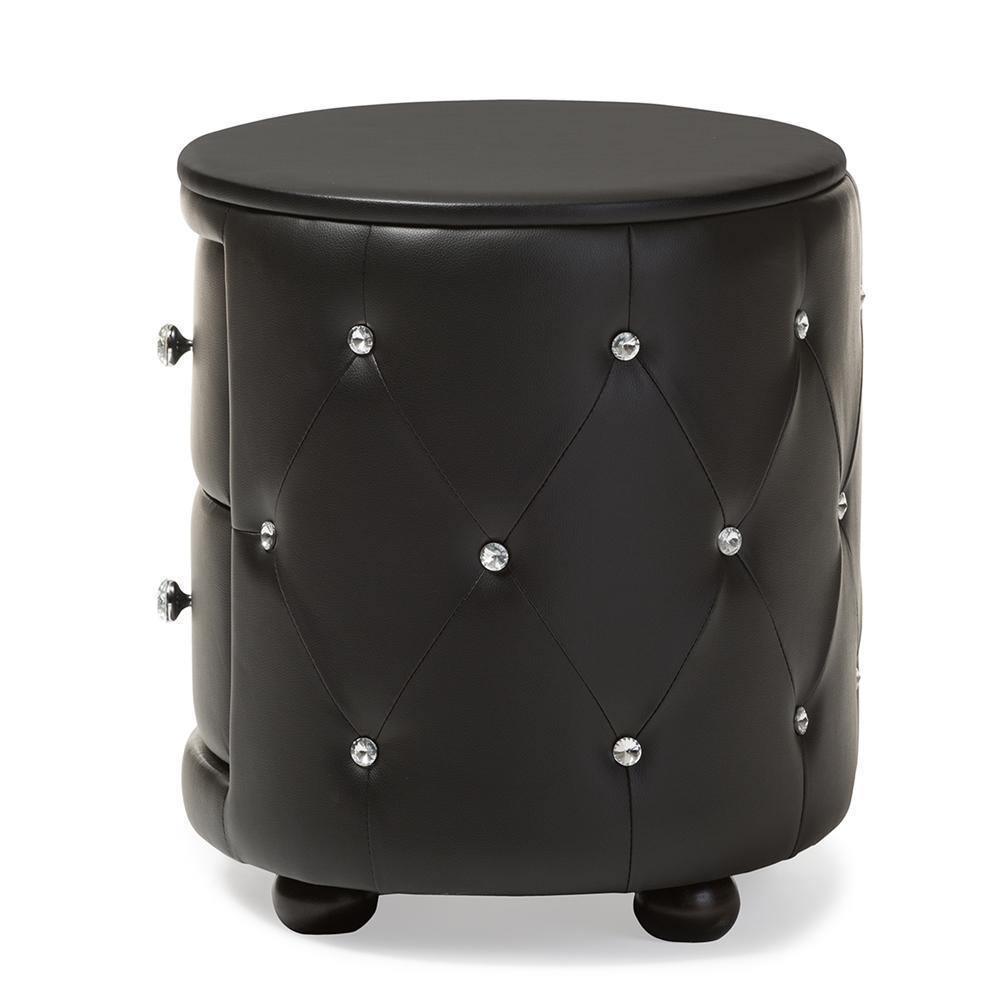 Davina Hollywood Glamour Style Oval 2-drawer Black Faux Leather Upholstered Nightstand FredCo