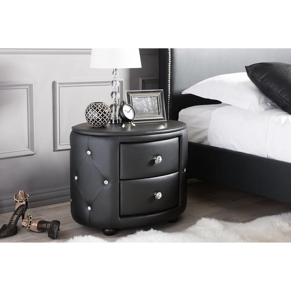 Davina Hollywood Glamour Style Oval 2-drawer Black Faux Leather Upholstered Nightstand FredCo