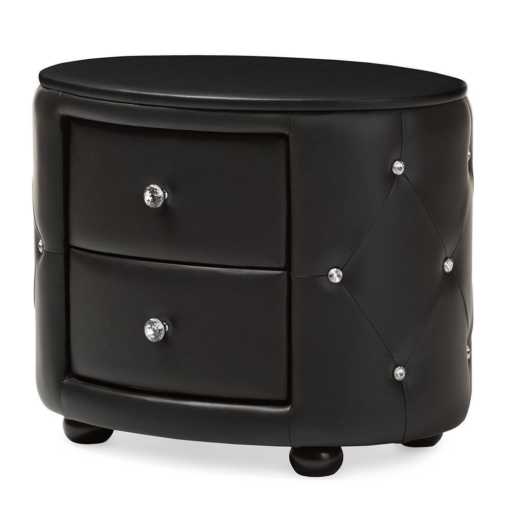 Davina Hollywood Glamour Style Oval 2-drawer Black Faux Leather Upholstered Nightstand FredCo
