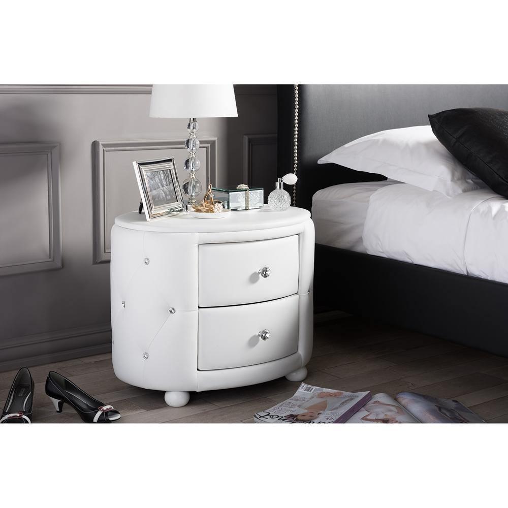 Davina Hollywood Glamour Style Oval 2-drawer White Faux Leather Upholstered Nightstand FredCo