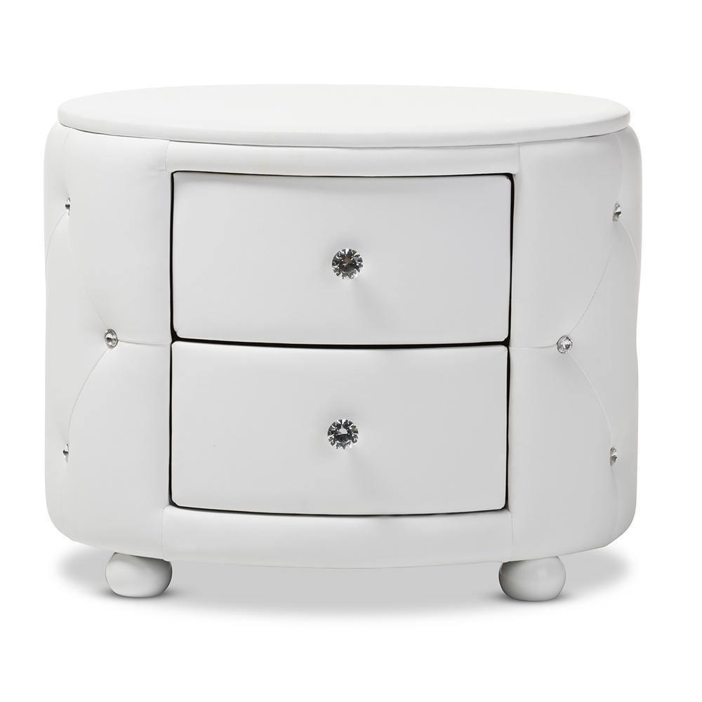 Davina Hollywood Glamour Style Oval 2-drawer White Faux Leather Upholstered Nightstand FredCo