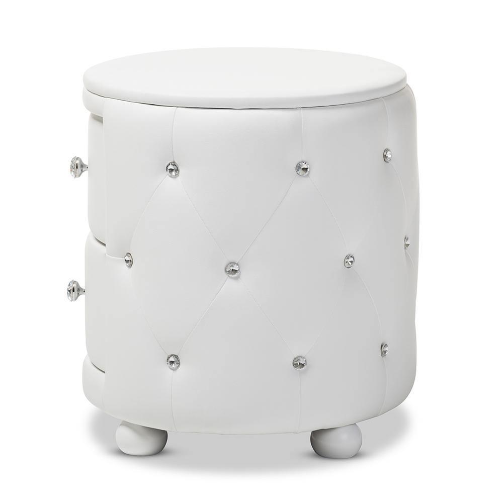 Davina Hollywood Glamour Style Oval 2-drawer White Faux Leather Upholstered Nightstand FredCo