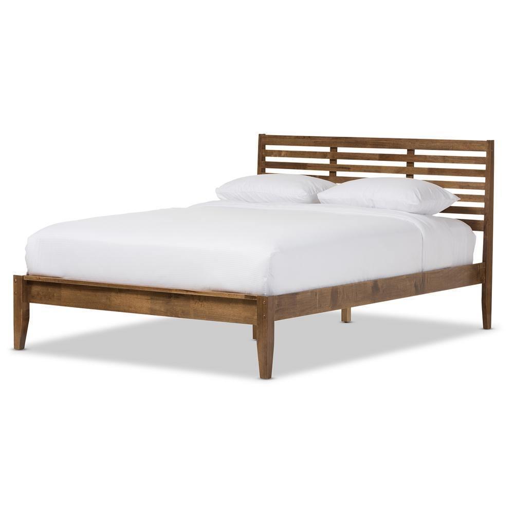 Daylan Mid-Century Modern Solid Walnut Wood Slatted Queen Size Platform Bed FredCo
