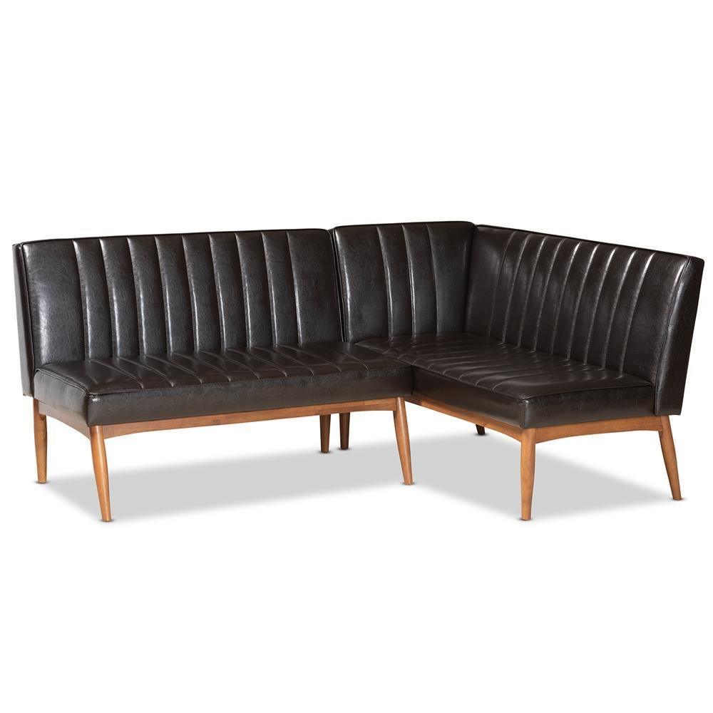 Daymond Mid-Century Modern Dark Brown Faux Leather Upholstered and Walnut Brown Finished Wood 2-Piece Dining Nook Banquette Set FredCo