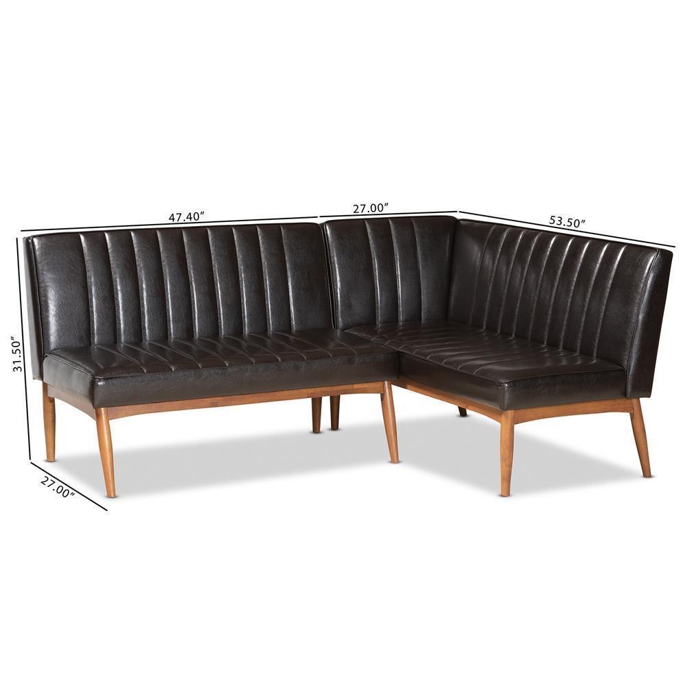 Daymond Mid-Century Modern Dark Brown Faux Leather Upholstered and Walnut Brown Finished Wood 2-Piece Dining Nook Banquette Set FredCo