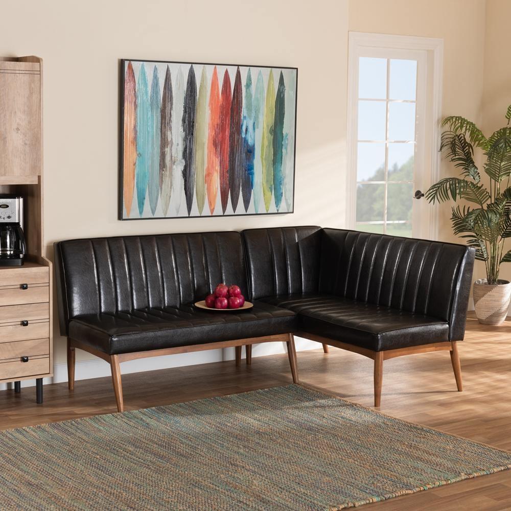 Daymond Mid-Century Modern Dark Brown Faux Leather Upholstered and Walnut Brown Finished Wood 2-Piece Dining Nook Banquette Set FredCo