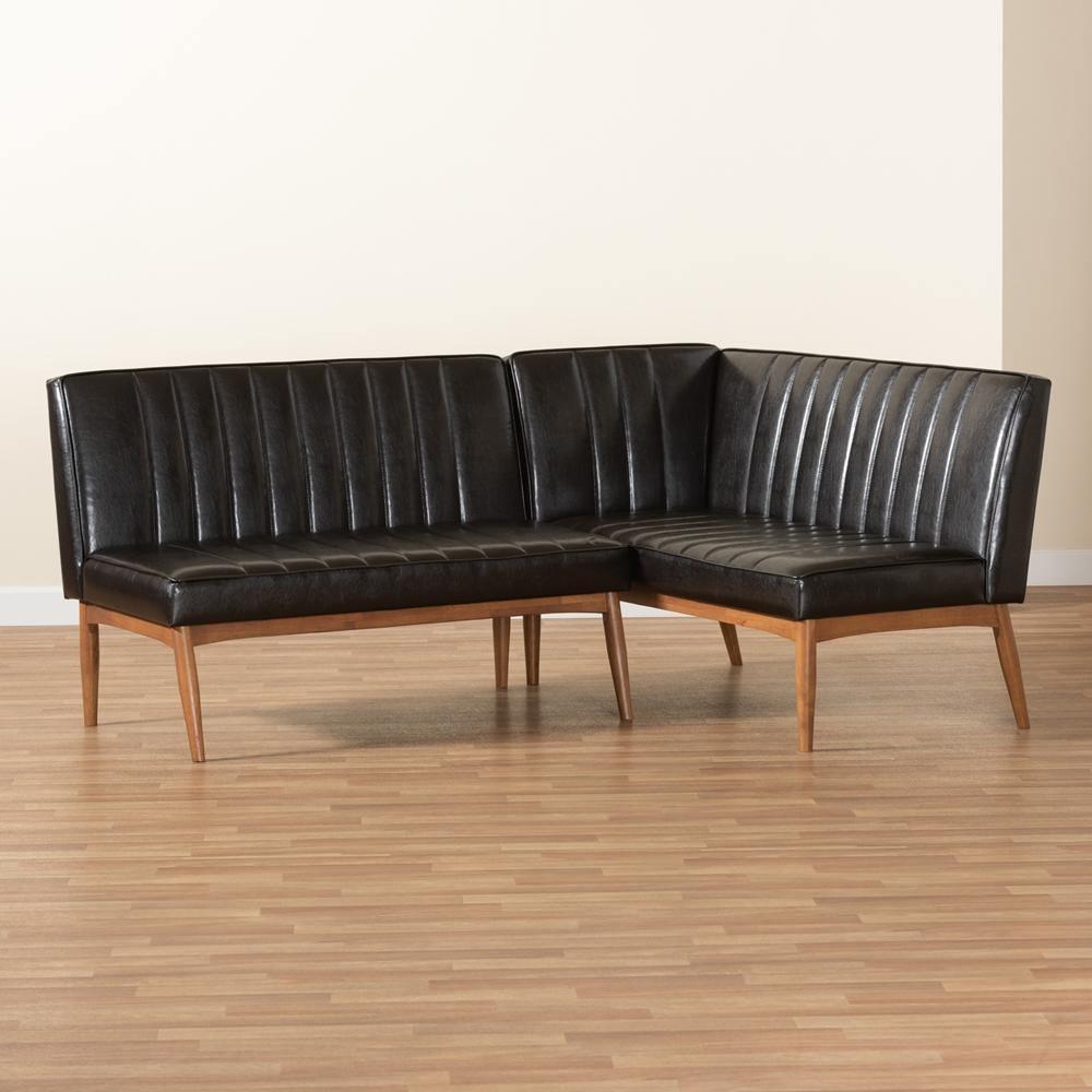 Daymond Mid-Century Modern Dark Brown Faux Leather Upholstered and Walnut Brown Finished Wood 2-Piece Dining Nook Banquette Set FredCo