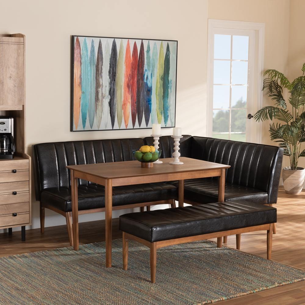 Daymond Mid-Century Modern Dark Brown Faux Leather Upholstered and Walnut Brown Finished Wood 4-Piece Dining Nook Set FredCo