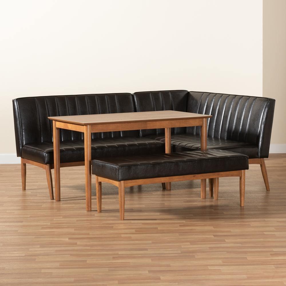 Daymond Mid-Century Modern Dark Brown Faux Leather Upholstered and Walnut Brown Finished Wood 4-Piece Dining Nook Set FredCo
