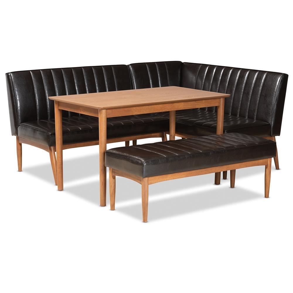 Daymond Mid-Century Modern Dark Brown Faux Leather Upholstered and Walnut Brown Finished Wood 4-Piece Dining Nook Set FredCo