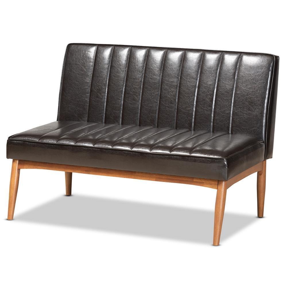 Daymond Mid-Century Modern Dark Brown Faux Leather Upholstered and Walnut Brown Finished Wood 5-Piece Dining Nook Set FredCo