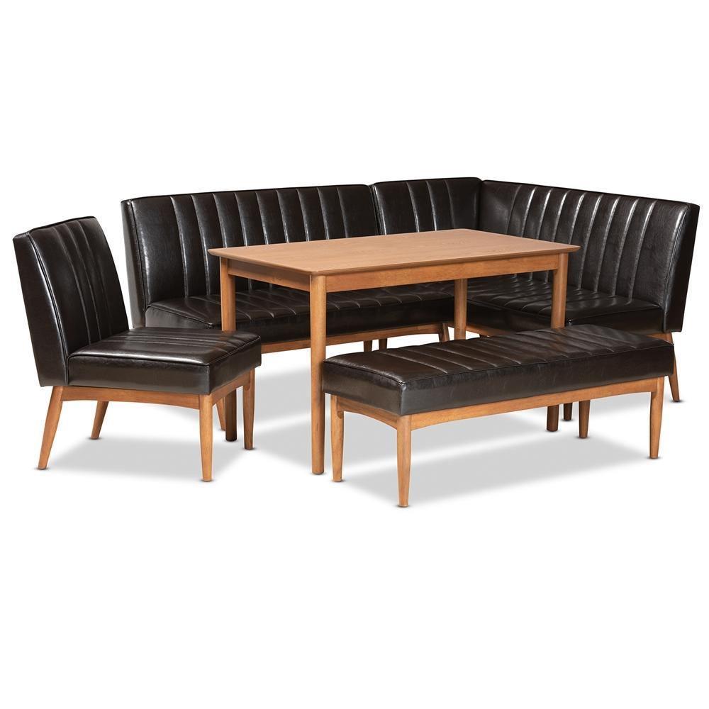 Daymond Mid-Century Modern Dark Brown Faux Leather Upholstered and Walnut Brown Finished Wood 5-Piece Dining Nook Set FredCo
