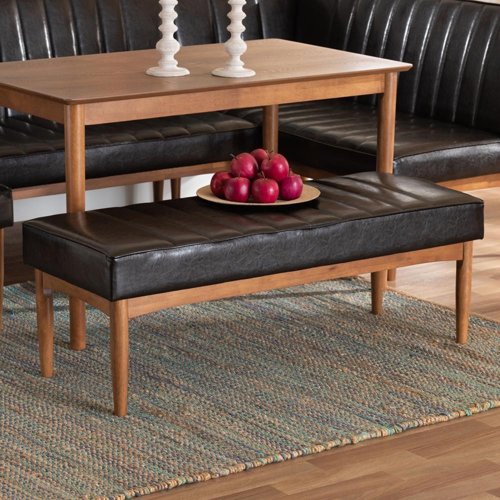 Daymond Mid-Century Modern Dark Brown Faux Leather Upholstered and Walnut Brown Finished Wood Dining Bench FredCo