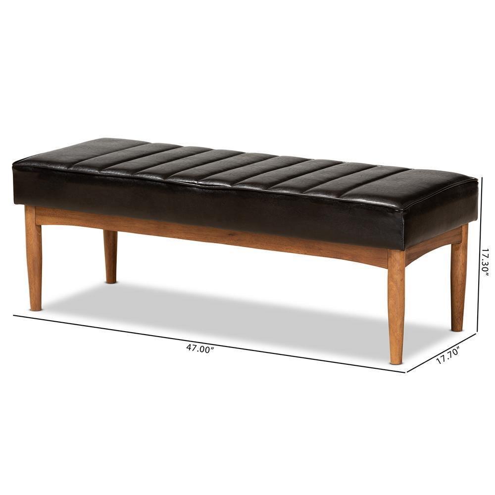Daymond Mid-Century Modern Dark Brown Faux Leather Upholstered and Walnut Brown Finished Wood Dining Bench FredCo
