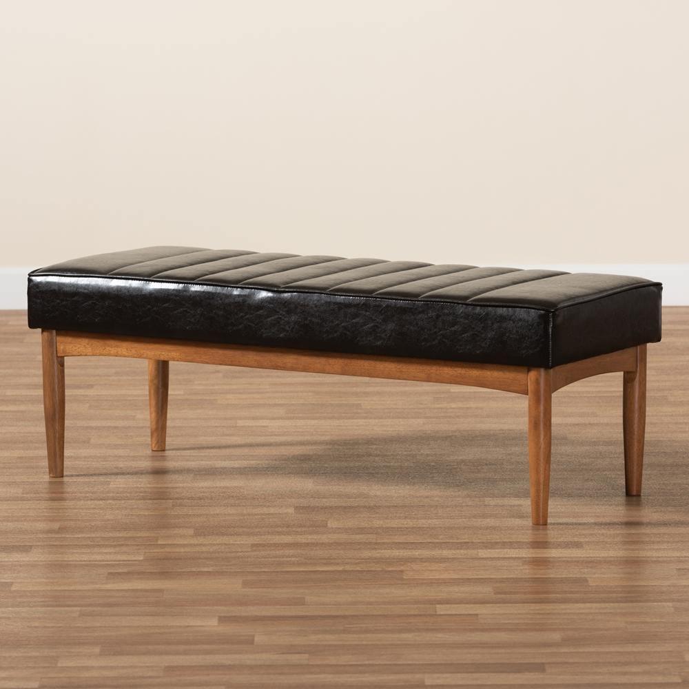 Daymond Mid-Century Modern Dark Brown Faux Leather Upholstered and Walnut Brown Finished Wood Dining Bench FredCo