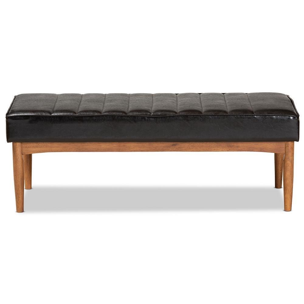 Daymond Mid-Century Modern Dark Brown Faux Leather Upholstered and Walnut Brown Finished Wood Dining Bench FredCo