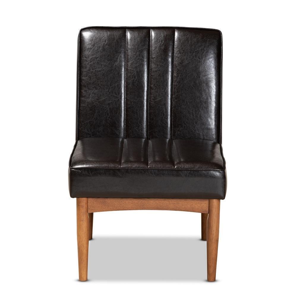 Daymond Mid-Century Modern Dark Brown Faux Leather Upholstered and Walnut Brown Finished Wood Dining Chair FredCo
