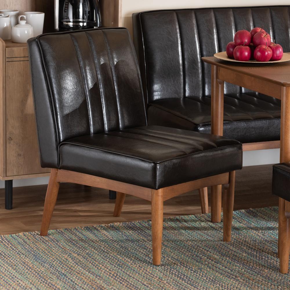 Daymond Mid-Century Modern Dark Brown Faux Leather Upholstered and Walnut Brown Finished Wood Dining Chair FredCo