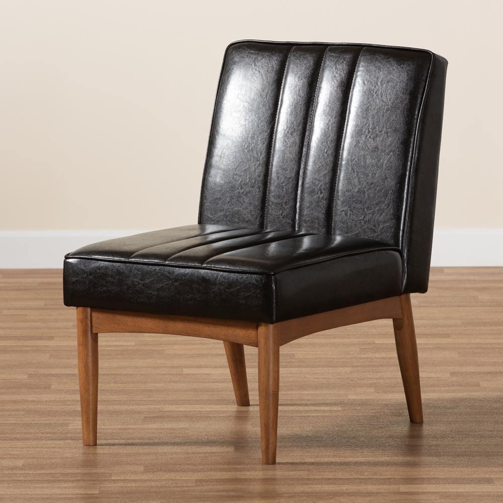 Daymond Mid-Century Modern Dark Brown Faux Leather Upholstered and Walnut Brown Finished Wood Dining Chair FredCo