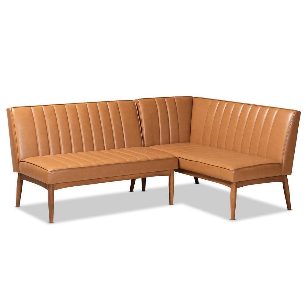 Daymond Mid-Century Modern Tan Faux Leather Upholstered and Walnut Brown Finished Wood 2-Piece Dining Nook Banquette Set FredCo