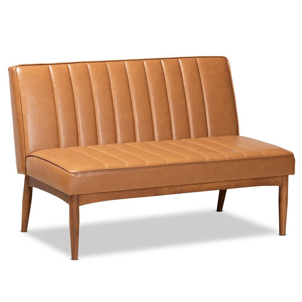 Daymond Mid-Century Modern Tan Faux Leather Upholstered and Walnut Brown Finished Wood 2-Piece Dining Nook Banquette Set FredCo