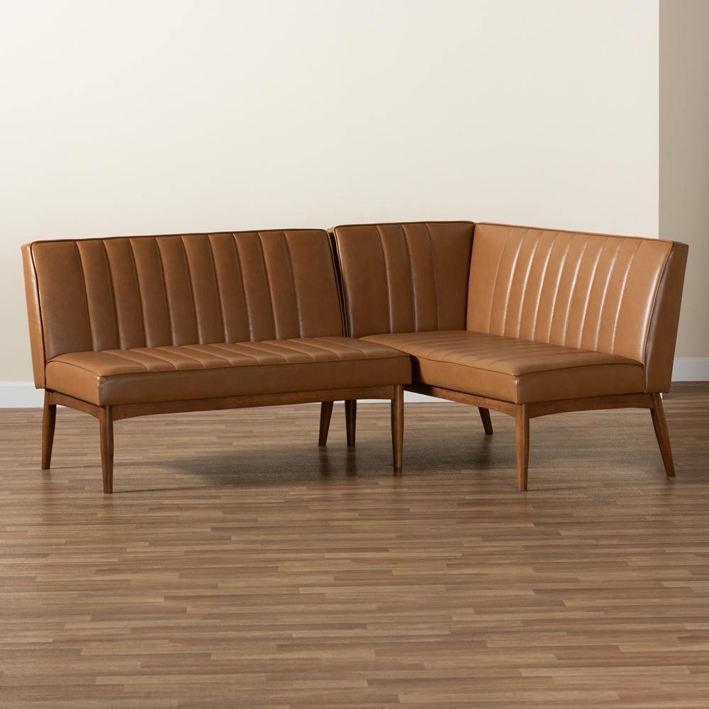 Daymond Mid-Century Modern Tan Faux Leather Upholstered and Walnut Brown Finished Wood 2-Piece Dining Nook Banquette Set FredCo
