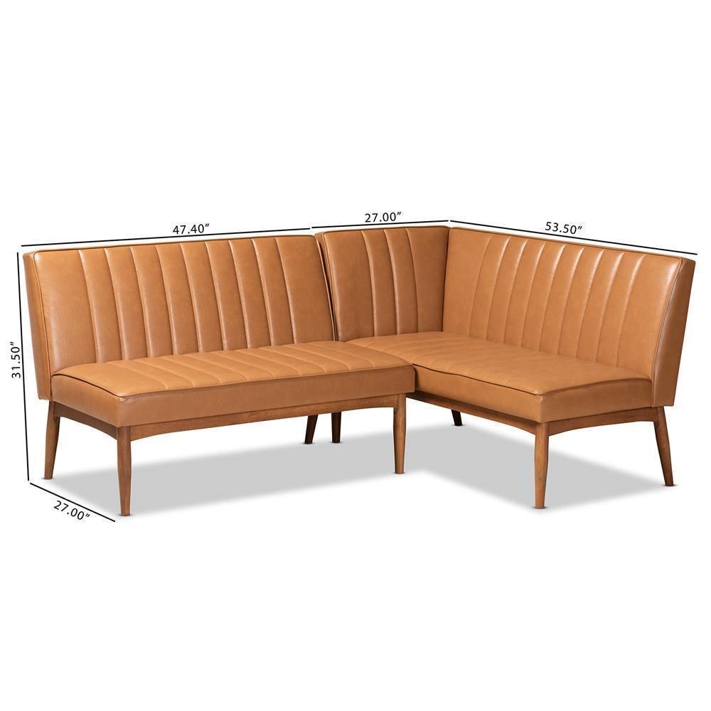 Daymond Mid-Century Modern Tan Faux Leather Upholstered and Walnut Brown Finished Wood 2-Piece Dining Nook Banquette Set FredCo