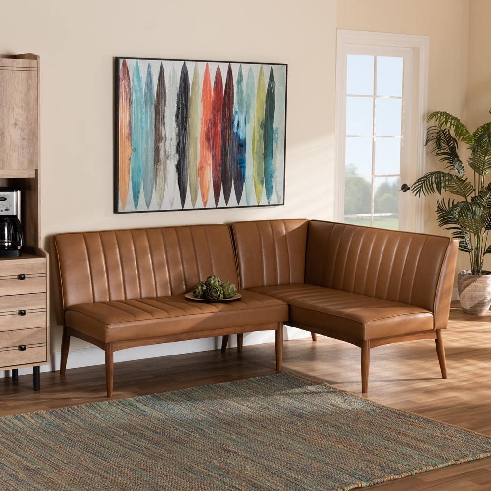 Daymond Mid-Century Modern Tan Faux Leather Upholstered and Walnut Brown Finished Wood 2-Piece Dining Nook Banquette Set FredCo