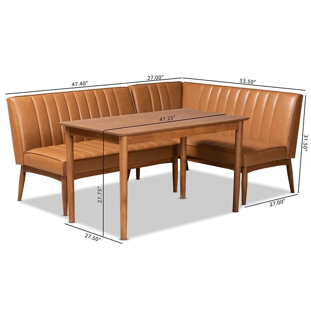 Daymond Mid-Century Modern Tan Faux Leather Upholstered and Walnut Brown Finished Wood 3-Piece Dining Nook Set FredCo