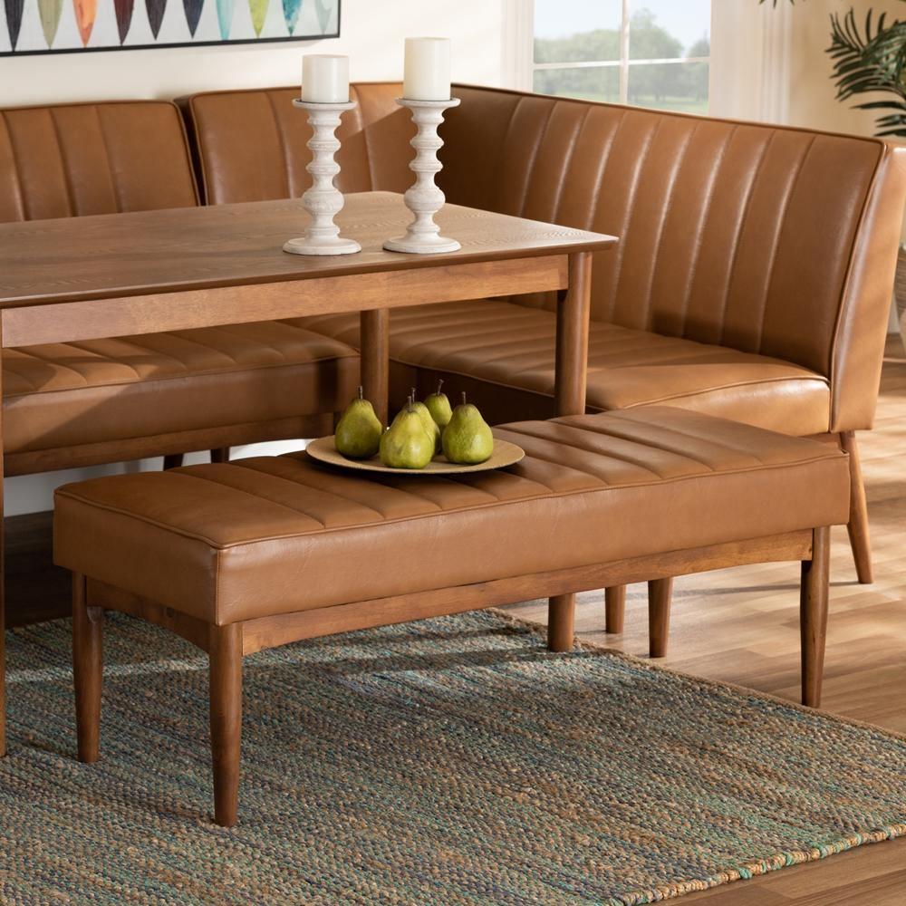 Daymond Mid-Century Modern Tan Faux Leather Upholstered and Walnut Brown Finished Wood Dining Bench FredCo